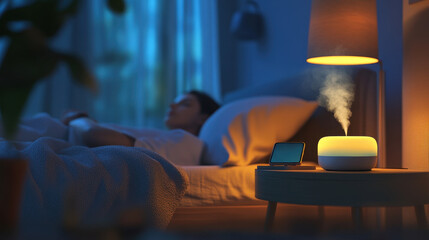  small diffuser spraying aroma mist in the air bedroom at night