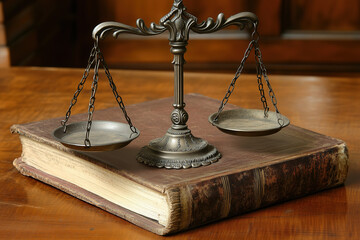 Antique balance scales resting on a vintage leather-bound book in a warm, wooden setting with natural lighting. Generative AI