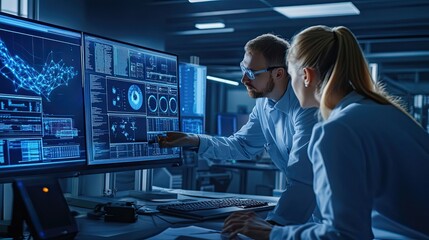 Two Scientists Analyzing Data on Multiple Computer Monitors