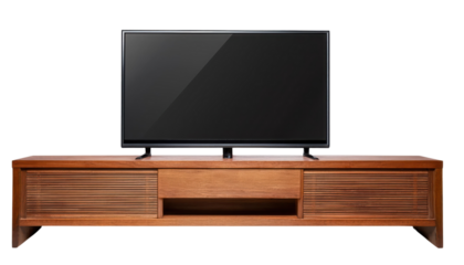 Modern wooden TV stand with a sleek flat-screen television on display in a cozy setting, transparent background