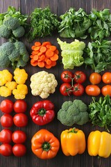 An overhead shot of an assortment of fresh organic vegetables and herbs laid out on a rustic wooden table.