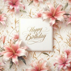Elegant birthday card surrounded by beautiful pink lilies with a golden floral design.
