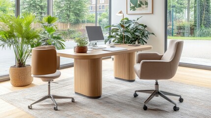 Fototapeta premium Modern Office Interior with Wooden Desk and Comfortable Chairs