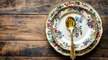 Immaculate Vintage Dishware Arrangement with Floral Patterns on Rustic Wooden Tabletop Featuring Golden Spoon and Elegant Porcelain Plates