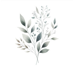 Delicate watercolor leaves and stems with a muted, minimalist floral arrangement vector