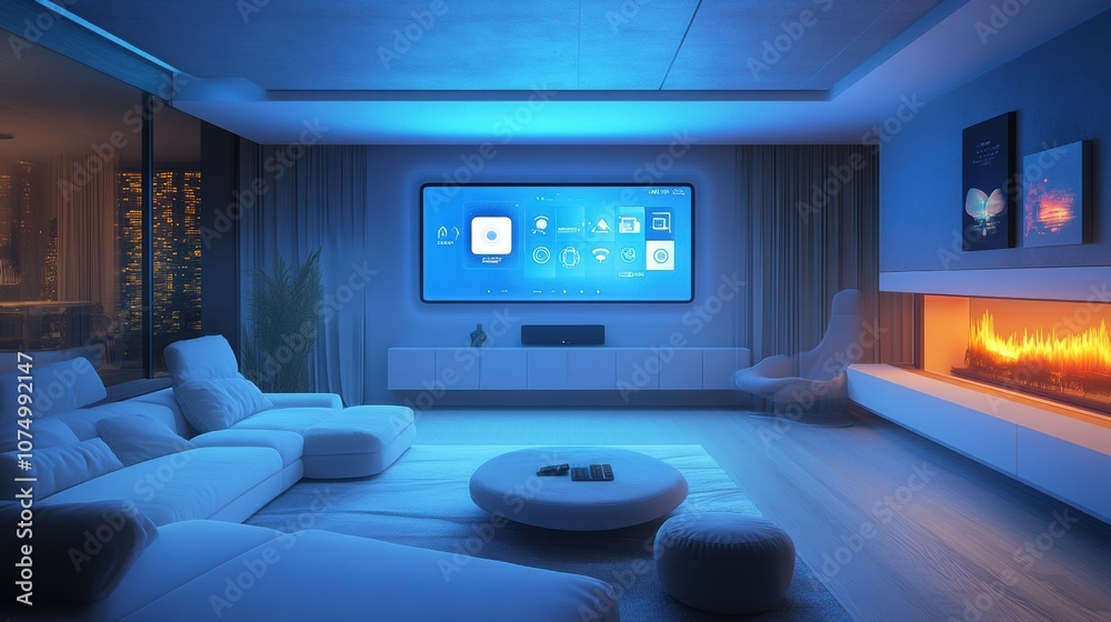 Poster the cozy living room showcases adjustable ambient lighting and intuitive touch panels, creating a wa
