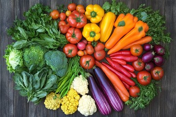 An overhead shot of an assortment of fresh organic vegetables and herbs laid out on a rustic wooden...