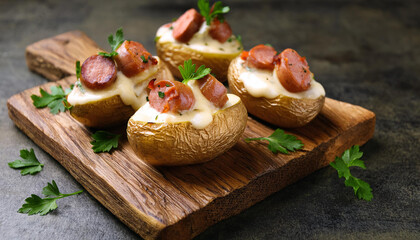 Stuffed baked potatoes with grilled sausage and creamy white sauce, fresh parsley. Tasty food.
