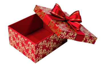 Festive Open Gift Box with Red and Gold Pattern for Celebrations. Transparent PNG.