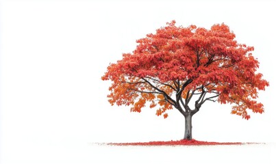 Vibrant autumn tree with red leaves, isolated on white background