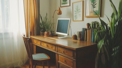 Fototapeta premium Home office workspace with wooden desk, chair, and natural light
