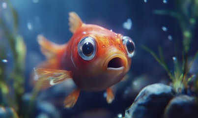 Goldfish swimming underwater, vibrant colors, large expressive eyes, aquatic plants