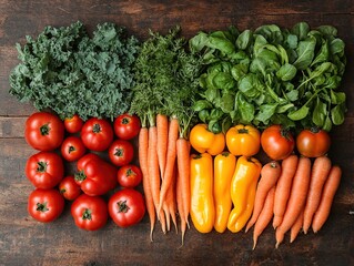 An overhead shot of an assortment of fresh organic vegetables and herbs laid out on a rustic wooden table.