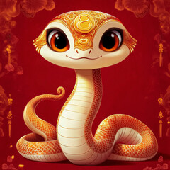 Fototapeta premium Charming zodiac snake adorned with intricate gold patterns, large captivating eyes, and a traditional symbol on its forehead, set against a deep red background.