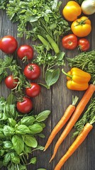 An overhead shot of an assortment of fresh organic vegetables and herbs laid out on a rustic wooden table.