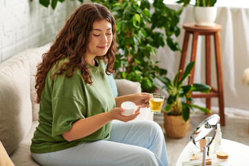 A young woman with curly hair relaxes in her living room, indulging in her beauty routine with makeup products.