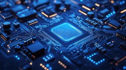 Fototapeta premium An abstract blue computer technology background has hexagon circuit board