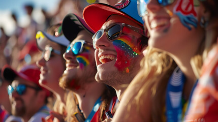 "Close-Up of Passionate Formula 1 Fans in Colorful Attire, Showing Their Enthusiasm and Excitement for the Race, Capturing the Thrill, Energy, and Spirit of Motorsport Fans at a Major Racing Event"

