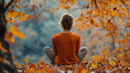 A serene figure sits surrounded by autumn leaves, reflecting on nature's beauty and tranquility in a peaceful outdoor setting.