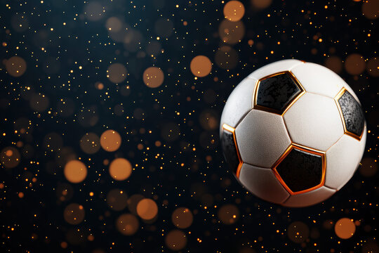 A dynamic soccer ball in mid-air against a shimmering background of golden bokeh lights, perfect for sports themes and creative projects.