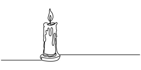 One line drawing of Burning fire candle. continuous line candlelight icon isolated on a white background. Candle light continuous one line drawing art. Christmas candle One continuous line drawing.