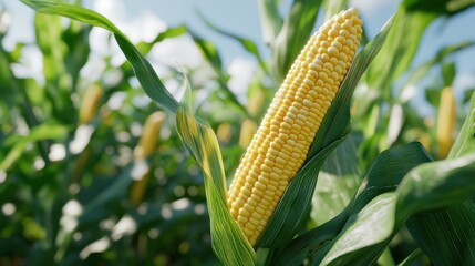  yellow corn cob with green leaves, field background