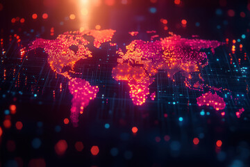 Abstract digital world map with glowing dots and bright lights, representing global connectivity and technology in a vibrant color palette.