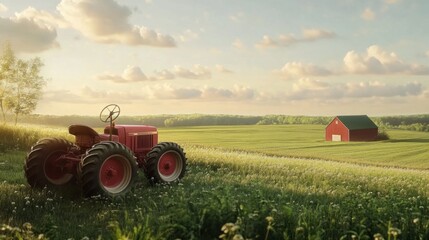 Obraz premium Beautiful farm landscape with a vintage tractor, open fields, and a red barn in the distance