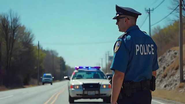 Police Officer Directing Traffic on a Country Road