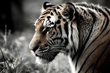 Captivating Close-up of a Tiger's Face in Black and White. Stunning Wildlife Portrait