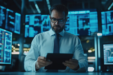 Fototapeta premium A focused businessman reviews data on a tablet in a modern trading room filled with digital displays late at night. Generative AI