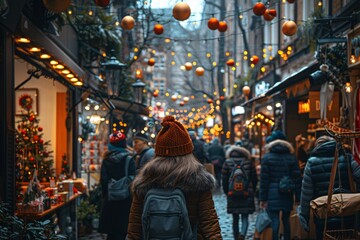 Obraz premium People stroll through a lively market adorned with twinkling lights and holiday decorations. Warm hats and coats are worn as everyone enjoys the vibrant atmosphere of the season