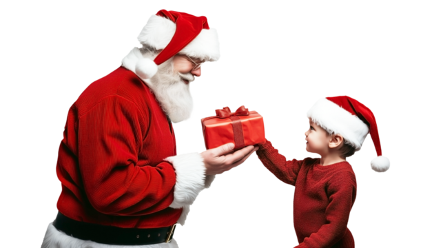 A Santa Claus is giving a red gift box with ribbon to a kid on a transparent background for Christmas party and New Year sales or celebration events.