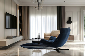 Stylish modern living room with elegant furniture and natural light in a contemporary home. Generative AI