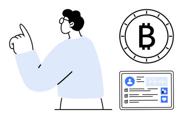 Businessperson gesturing with raised finger, Bitcoin symbol, digital profile with social media icons. Ideal for cryptocurrency, finance, business strategy, digital identity, social media, online