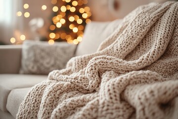 Cozy knitted blanket on couch with festive lights background