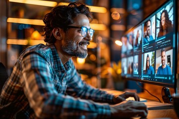 A man with glasses is focused on editing video content in a dimly lit studio. He smiles as he views various clips on multiple screens, showcasing a creative workspace atmosphere