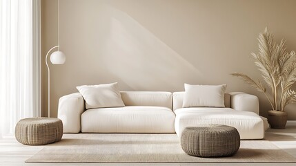 Fototapeta premium Modern living room with beige sofa, two brown ottomans, a floor lamp, and a potted plant.