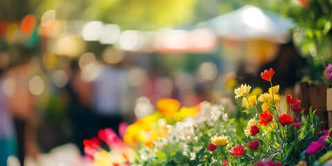 A vibrant outdoor farmers market showcases colorful flowers and produce, creating a lively atmosphere filled with shoppers and sunlight