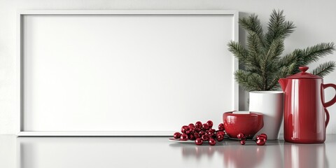A festive display featuring a blank frame, red teapot, candle, and seasonal greenery.