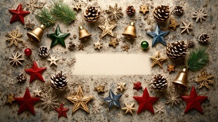 Fototapeta premium A festive arrangement of holiday decorations including stars, bells, and pinecones.
