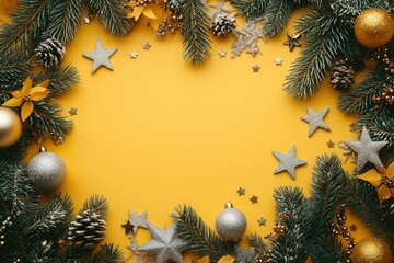Christmas background with silver and gold decorations, stars, and pine branches on a yellowish backdrop