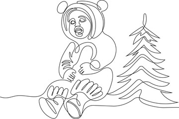 Character With A Sack Full Of Gifts. Vector Hand Drawn Illustration. One continuous line drawing Santa Claus on reindeer and sled. concept for Christmas and New Year