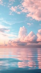 A beautiful blue sky with pink clouds and a calm ocean