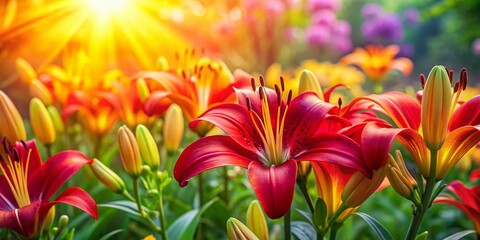 Scarlet and gold lilies bloom bright in a garden bed.