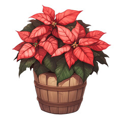 Poinsettia in Wooden Pot: A vibrant, red poinsettia plant blooms in a rustic wooden pot, a classic symbol of Christmas cheer and holiday spirit.