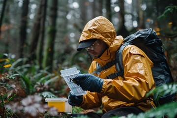 A researcher dressed in a yellow raincoat carefully collects water samples in a dense forest. The environment is vibrant with greenery and droplets from recent rainfall enhance the scene