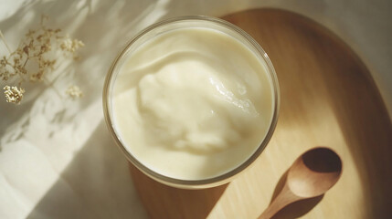 Close-up of plain yogurt in a glass container