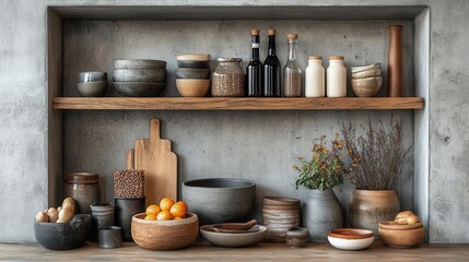artistic still life arrangement of kitchen essentials displayed within a stylish white frame, showcasing a harmonious blend of colors and textures that celebrate culinary creativity and home cooking