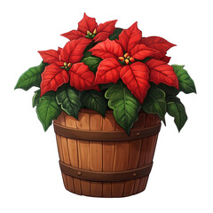 Poinsettia in Wooden Pot: A vibrant, red poinsettia plant blooms in a rustic wooden pot, a classic symbol of Christmas cheer and holiday spirit.